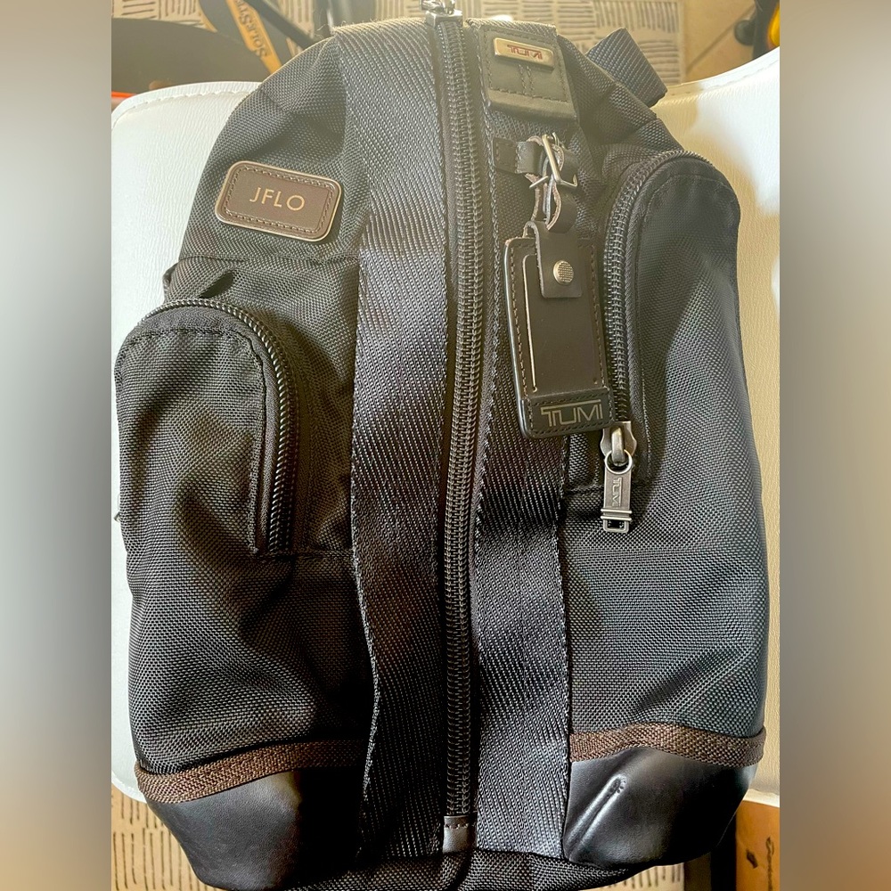 Like New - Tumi Higgins Sling Bag Hickory/Black with Leather Trim